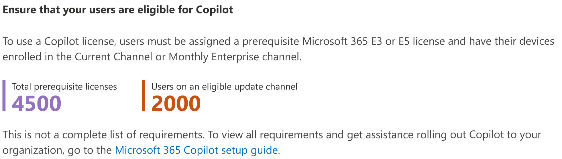 Screenshot che mostra come assicurarsi che gli utenti siano idonei per Copilot per Microsoft 365.