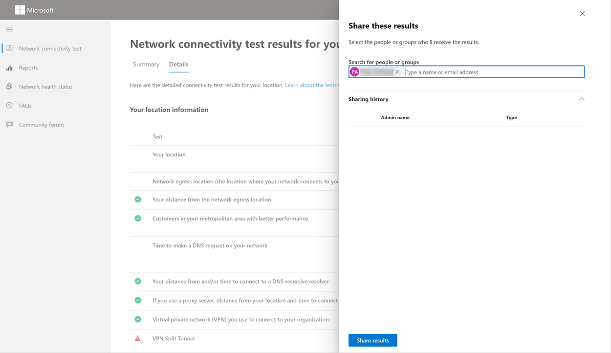 Condivisione di un collegamento ai risultati del test con un utente.