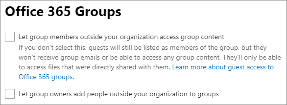 Screenshot delle impostazioni di condivisione guest di Gruppi di Microsoft 365 nell'interfaccia di amministrazione di Microsoft 365.