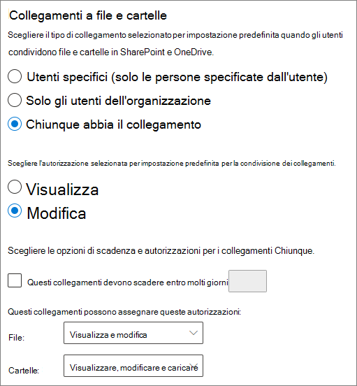 Screenshot delle impostazioni di condivisione di file e cartelle a livello di organizzazione in SharePoint.