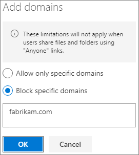 Screenshot dell’impostazione di SharePoint Limitare la condivisione esterna in base al dominio.