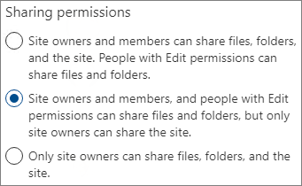 Screenshot delle impostazioni per le autorizzazioni di condivisione in un sito di SharePoint.