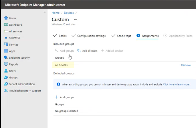 Assegnazioni nel portale dell'interfaccia di amministrazione di Microsoft Endpoint Manager