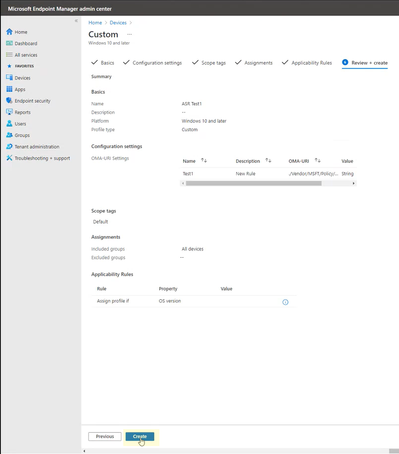 Opzione Rivedi e crea nel portale dell'interfaccia di amministrazione di Microsoft Endpoint Manager