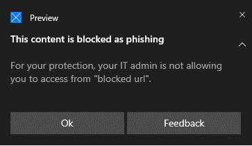  Mostra una notifica di blocco del contenuto di phishing noto per la protezione di rete