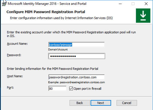 Immettere le informazioni di configurazione usate dall'immagine del sito Web di registrazione password