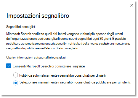 Screenshot delle impostazioni dei segnalibri consigliate nel portale di amministrazione di Microsoft 365.