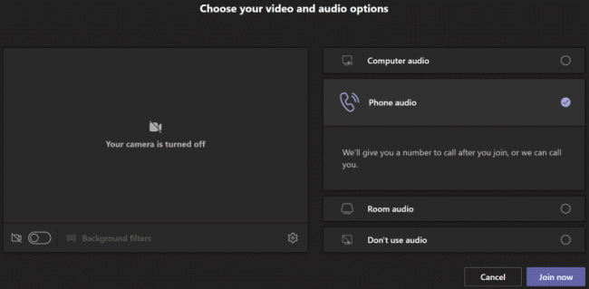 Schermata dell'opzione Audio telefono.