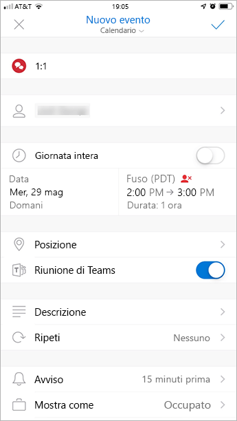 Screenshot del componente aggiuntivo Riunione di Teams in Outlook Mobile.