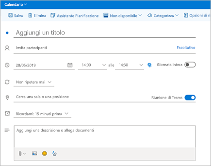 Screenshot del componente aggiuntivo Riunione di Teams in Outlook Web App.