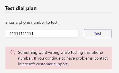 Screenshot che mostra l'errore durante il tentativo di testare un numero di telefono.