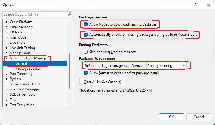 Screenshot that shows the NuGet Package Manager options.