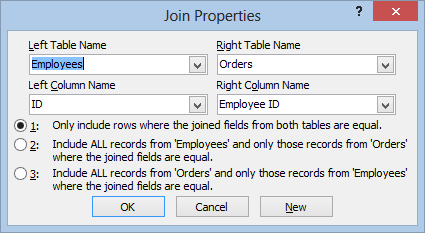 Screenshot delle proprietà join, che mostra tre tipi di join.