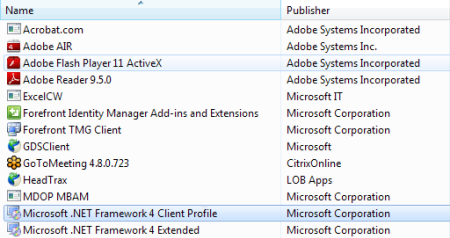 Screenshot per cercare l'elemento Profilo client di Microsoft .NET Framework 4 nell'elenco dei programmi installati.