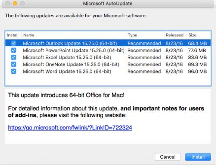 Screenshot per usare Microsoft AutoUpdate per mantenere aggiornate le applicazioni di Office.