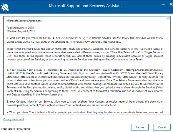 Selezionare questa opzione per accettare il Contratto di servizi Microsoft.