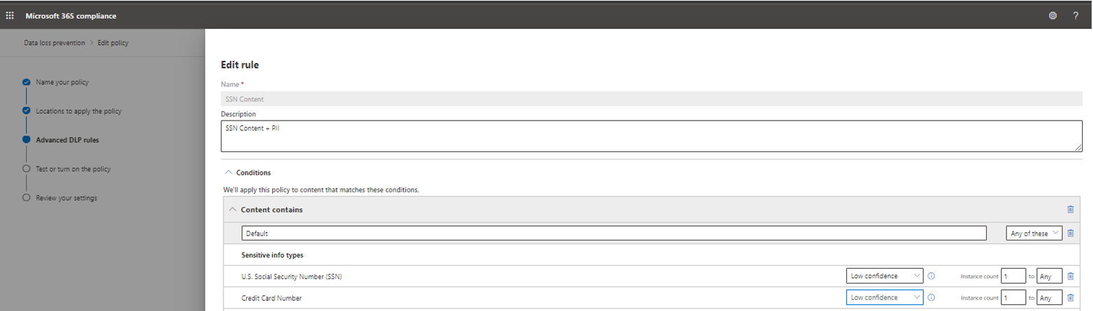 Screenshot della regola contenuto SSN configurata per il rilevamento in base ai tipi di informazioni sensibili.