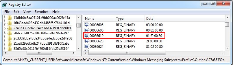 Screenshot della scheda Sicurezza della finestra di dialogo di Microsoft Exchange che controlla il valore del valore binario 00036619.