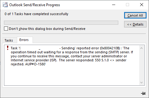 Screenshot della finestra di dialogo Stato di invio/ricezione di Outlook che visualizza un errore di invio.