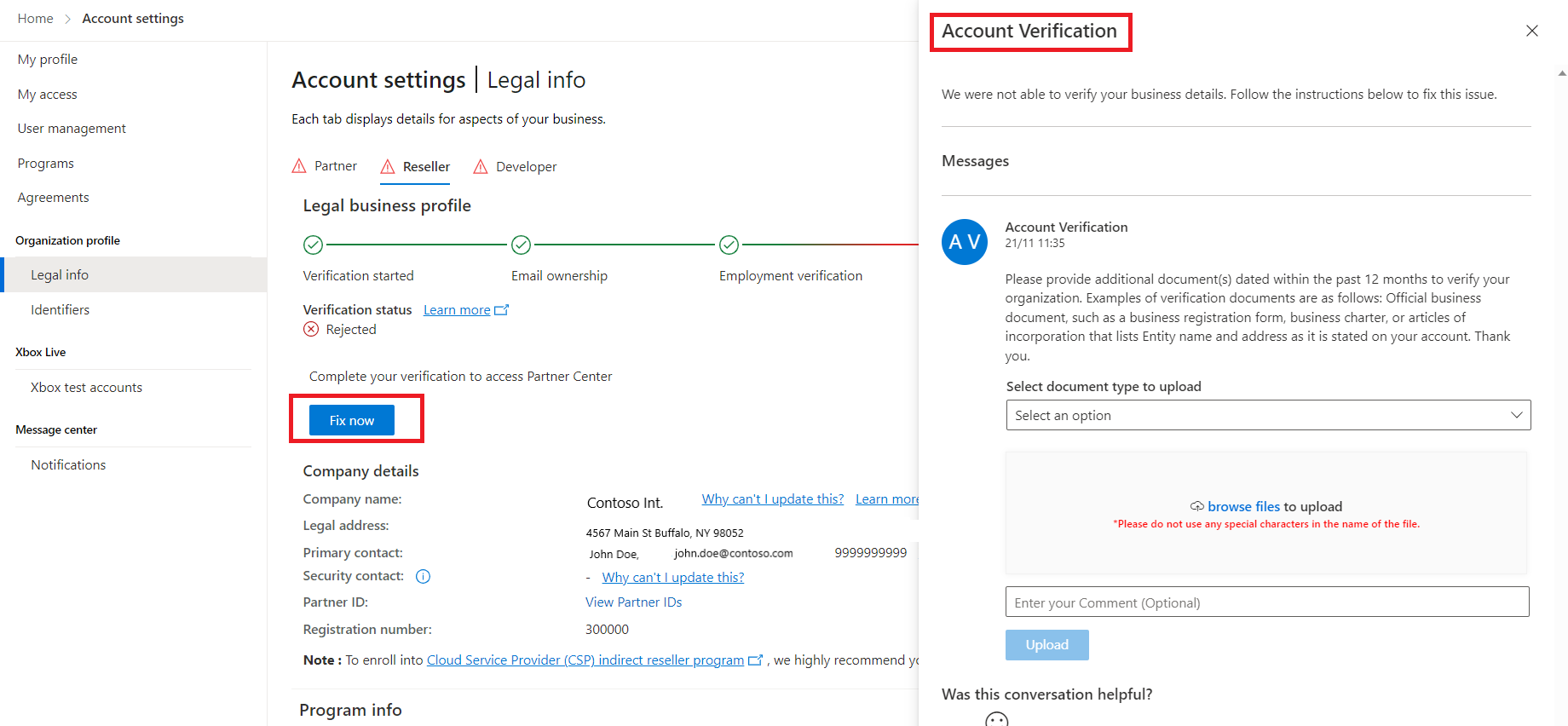 Screenshot delle impostazioni dell'account | Finestra Informazioni legali nel Centro per i partner, con la correzione ora e la verifica dell'account evidenziata.