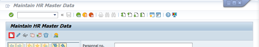 Screenshot della finestra Gestisci dati master delle risorse umane dell'applicazione SAP Easy Access con il pulsante icona documento selezionato.