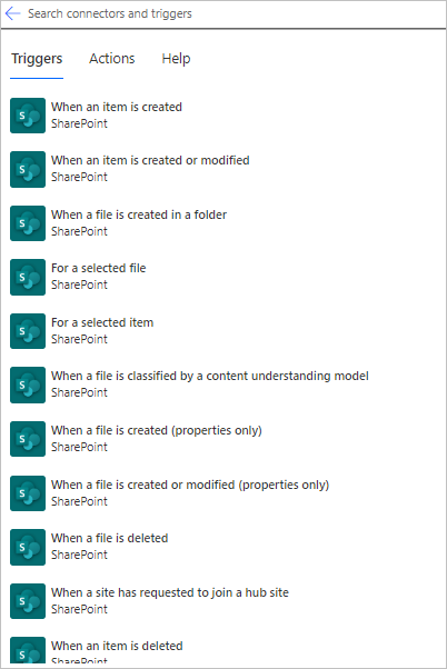 Screenshot che mostra alcuni trigger di SharePoint come "Quando viene creato un elemento".