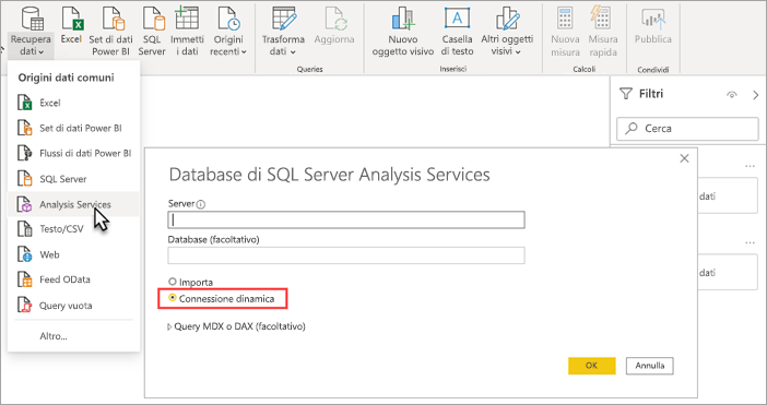 Screenshot dell'opzione Power BI Desktop Analysis Services selezionata. Connessione live è evidenziato nella finestra di dialogo database di Analysis Services.