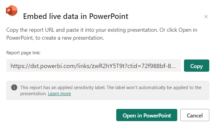Screenshot che mostra la finestra di dialogo Incorpora dati in tempo reale in PowerPoint.