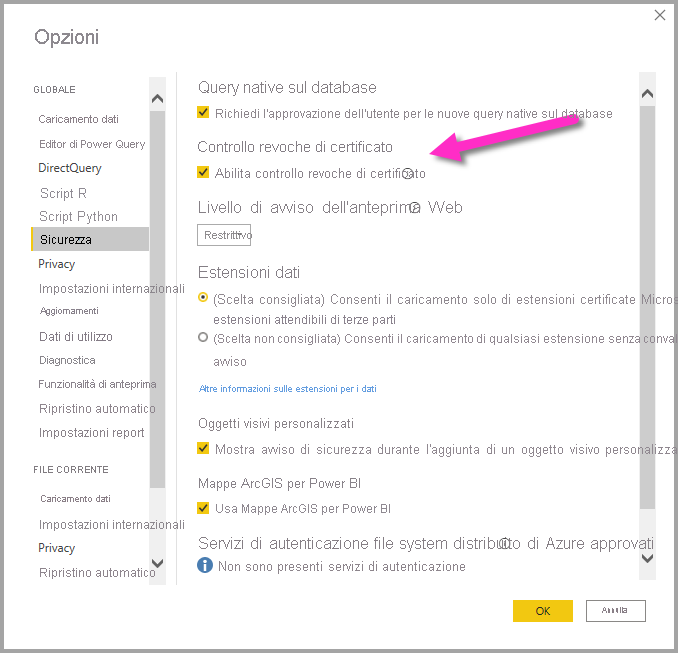 Screenshot shows the Options dialog where you can enable or disable certificate revocation check.