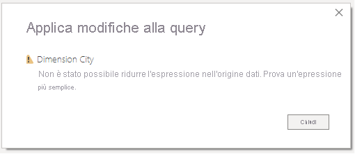 Screenshot of Apply query changes message: We couldn't fold the expression to the data source.