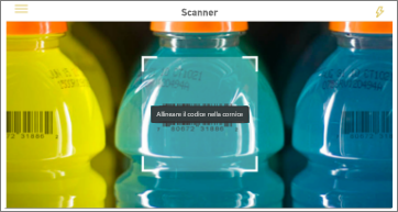 Screenshot di un'analisi del codice a barre del prodotto, che mostra lo scanner sul codice a barre di una bevanda colorata.