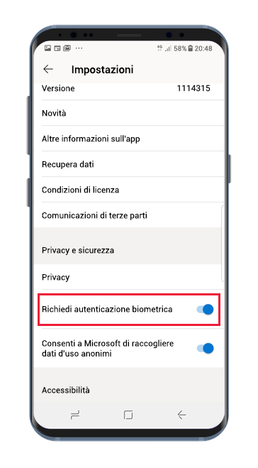 Power BI Android app setting page