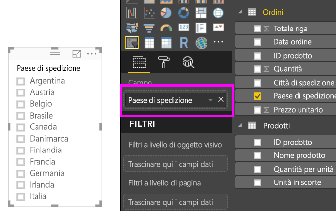 Screenshot shows a field that has been added to the slicer in Power BI Desktop.