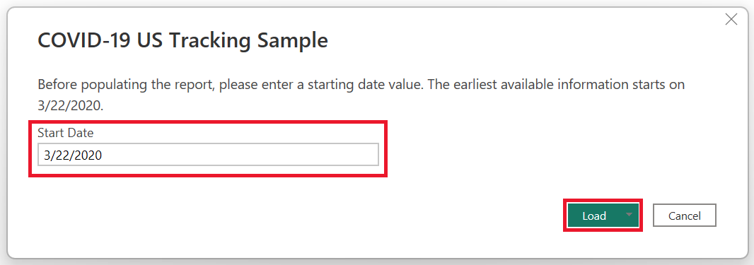 Screenshot showing setting the Start Data parameter.