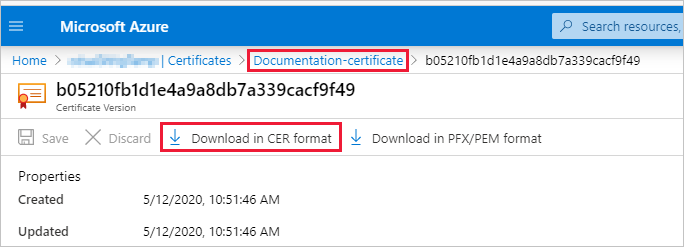 Screenshot della finestra portale di Azure, che mostra il pulsante Download in formato CER evidenziato.