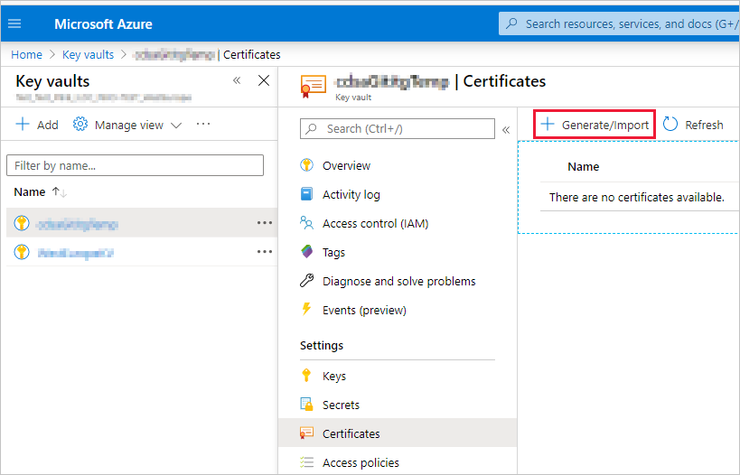 Screenshot della finestra portale di Azure, che mostra il riquadro Certificato con l'elemento Generate/Import evidenziato.