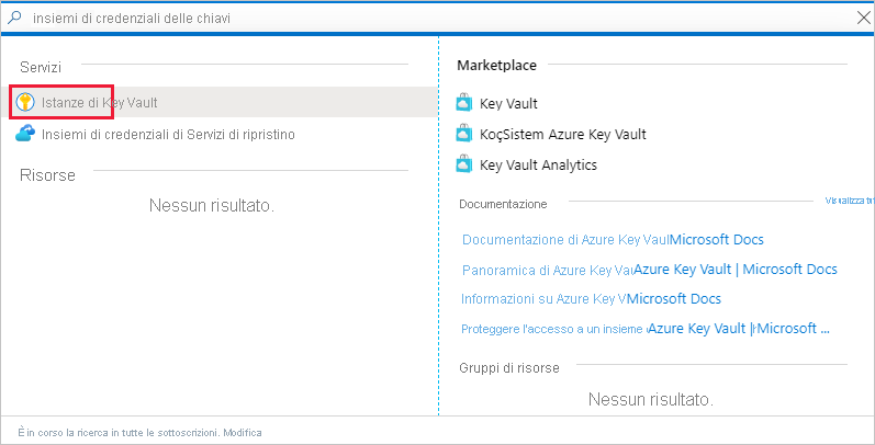 Screenshot della finestra portale di Azure, che mostra un collegamento al servizio dell'insieme di credenziali delle chiavi nell'elenco Servizi.