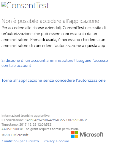 Screenshot della finestra di portale di Azure finestra di accesso, che mostra l'errore di autorizzazione Consent Test.