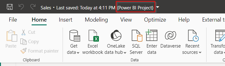 Schermata che mostra il titolo di Power BI Desktop durante il salvataggio nel progetto.