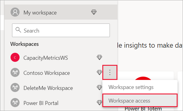 Screenshot che mostra un elenco di aree di lavoro. L'icona e l'accesso all'area di lavoro sono evidenziati.