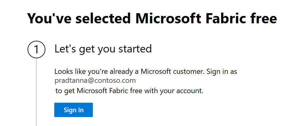 Screenshot di servizio Power BI che mostra che Microsoft riconosce il messaggio di posta elettronica.