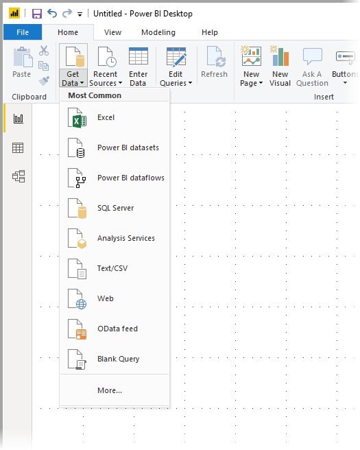 Screenshot che mostra l'elemento Recupera dati e il menu Tipi di dati comuni in Power BI Desktop.