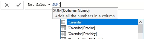 Screenshot della scelta delle colonne per la formula SUM.