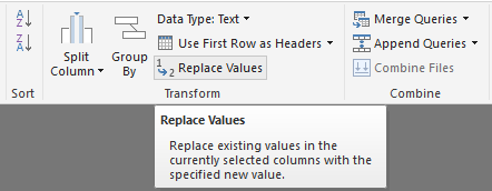 Screenshot shows a column highlighted with Replace Values selected in the ribbon.