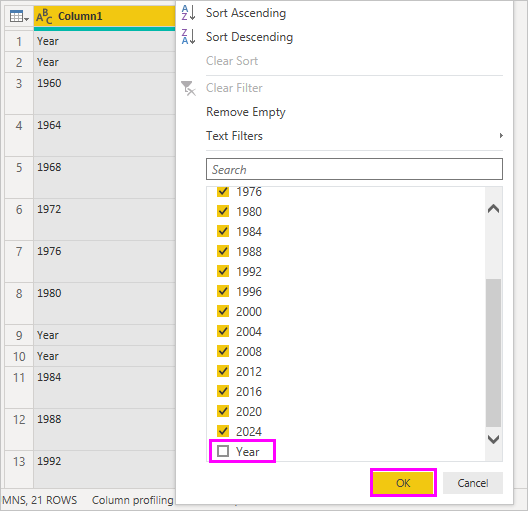 Screenshot shows Text Filters in the context menu where you can remove entries.
