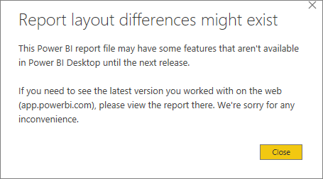 Screenshot di una finestra di dialogo di avviso di Power BI Desktop intitolata Differenze di layout del report.