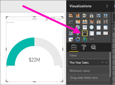 Screenshot of the visual and the Visualizations pane, highlighting the Gauge template icon.