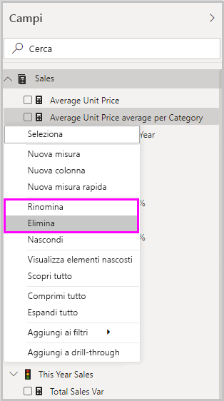 Screenshot delle opzioni di eliminazione e ridenominazione di una misura rapida in un menu a discesa.