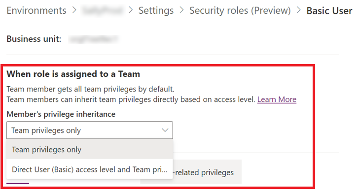 Screenshot dell'opzione Ereditarietà dei privilegi del membro nell'editor dei ruoli di sicurezza.
