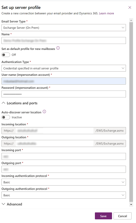 Screenshot delle credenziali specificate nel profilo del server e-mail.